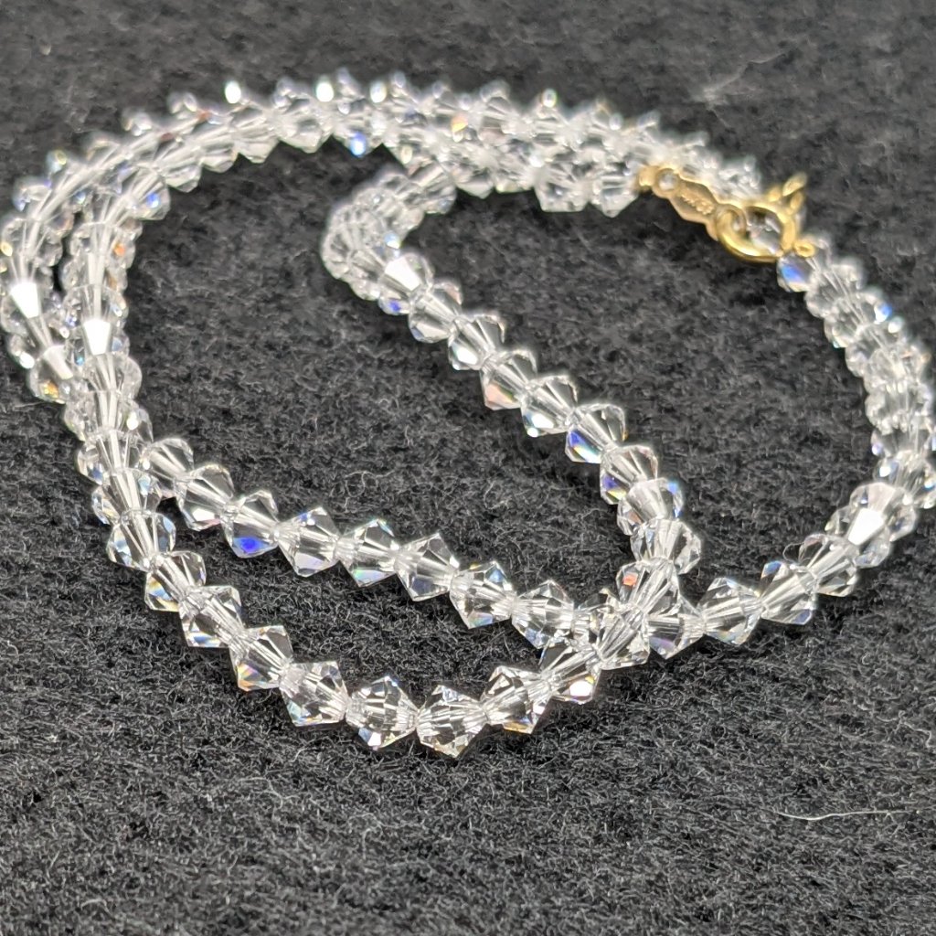 Vintage Austrian Crystal Necklace Dainty 1mm Tiny Clear Bicone 14k Gf Clasp 14